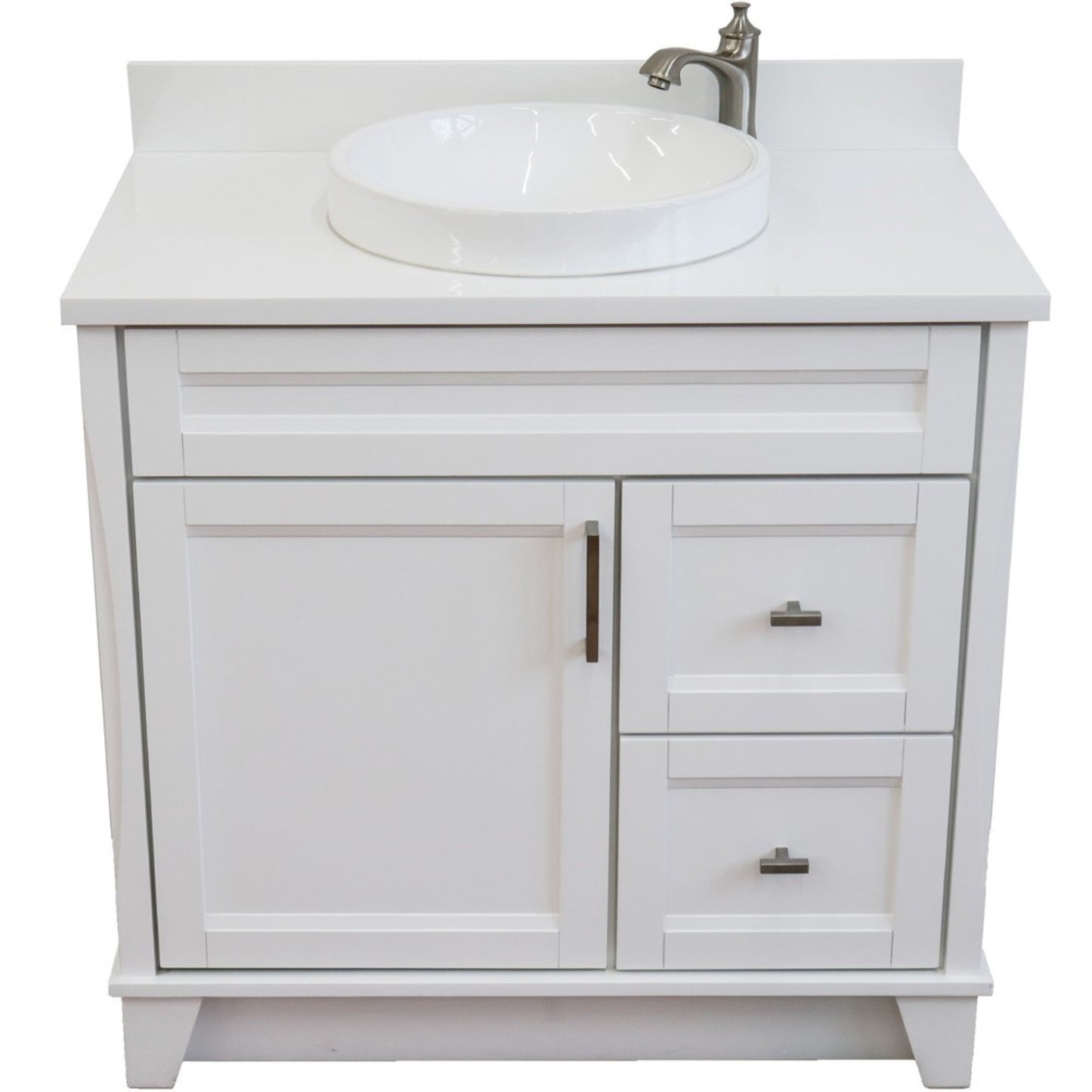 37" Single sink vanity in White finish with White engineered stone and Left door/Center sink