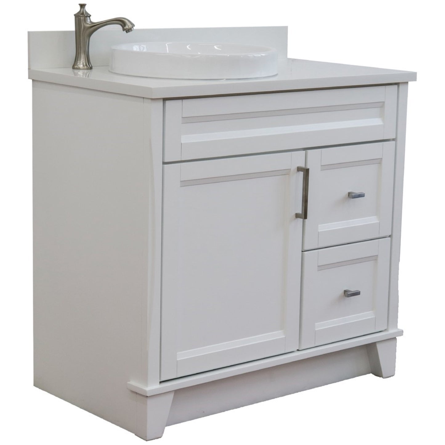 37" Single sink vanity in White finish with White engineered stone and Left door/Round Left sink
