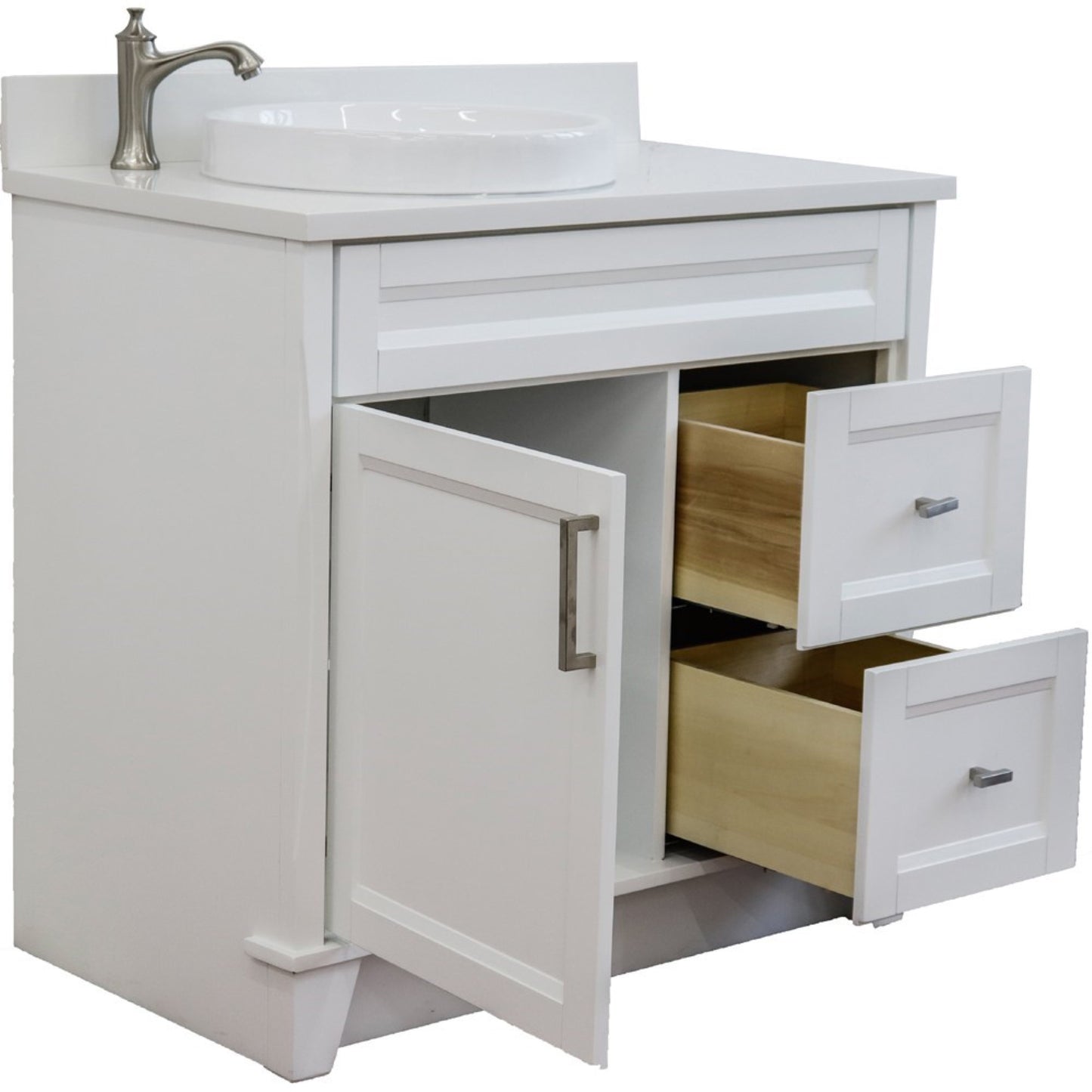 37" Single sink vanity in White finish with White engineered stone and Left door/Round Left sink