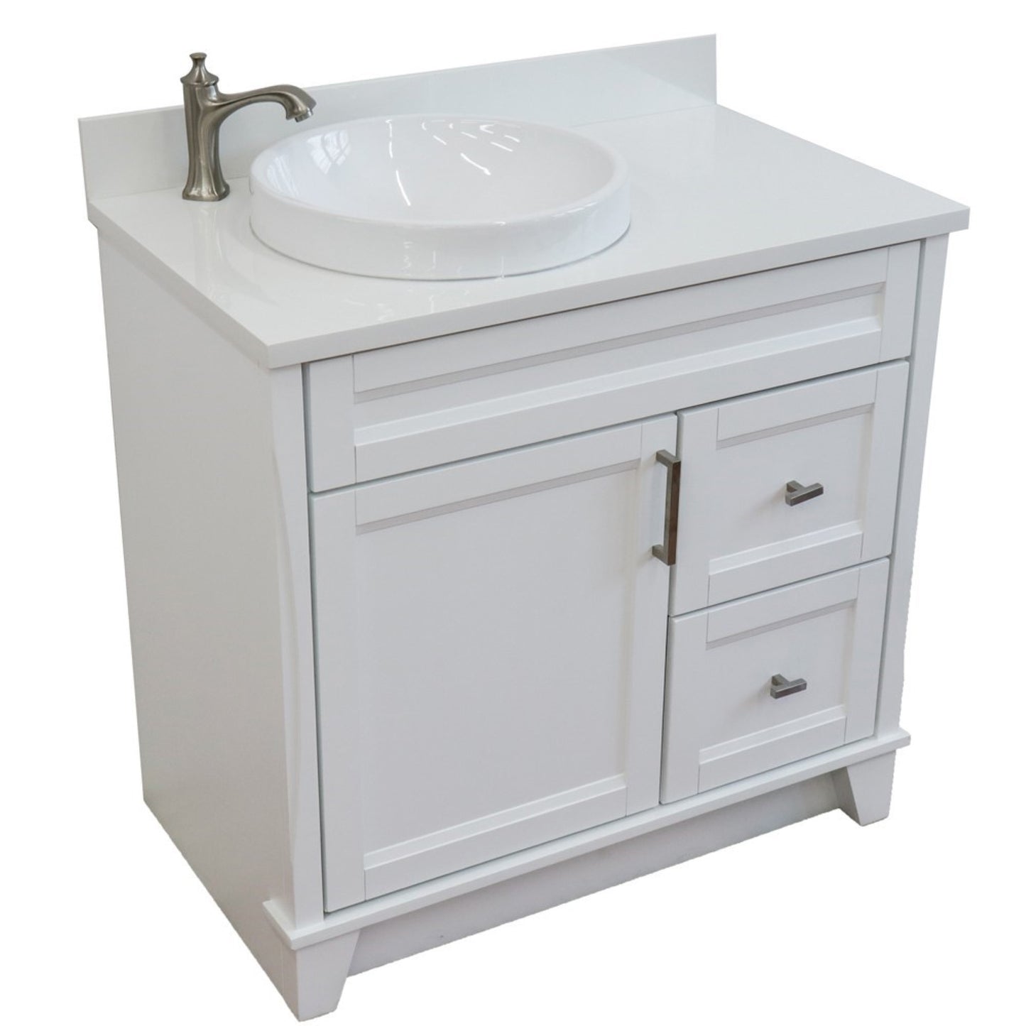 37" Single sink vanity in White finish with White engineered stone and Left door/Round Left sink