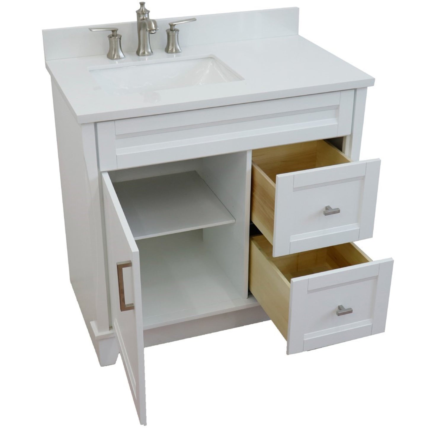 37" Single sink vanity in White finish with White engineered stone and Left door/Left sink