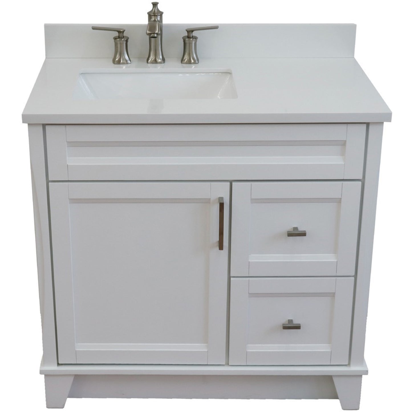 37" Single sink vanity in White finish with White engineered stone and Left door/Left sink