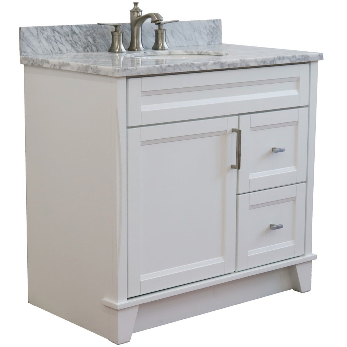 37" Single sink vanity in White finish with White Carrara marble and Left door/Center sink