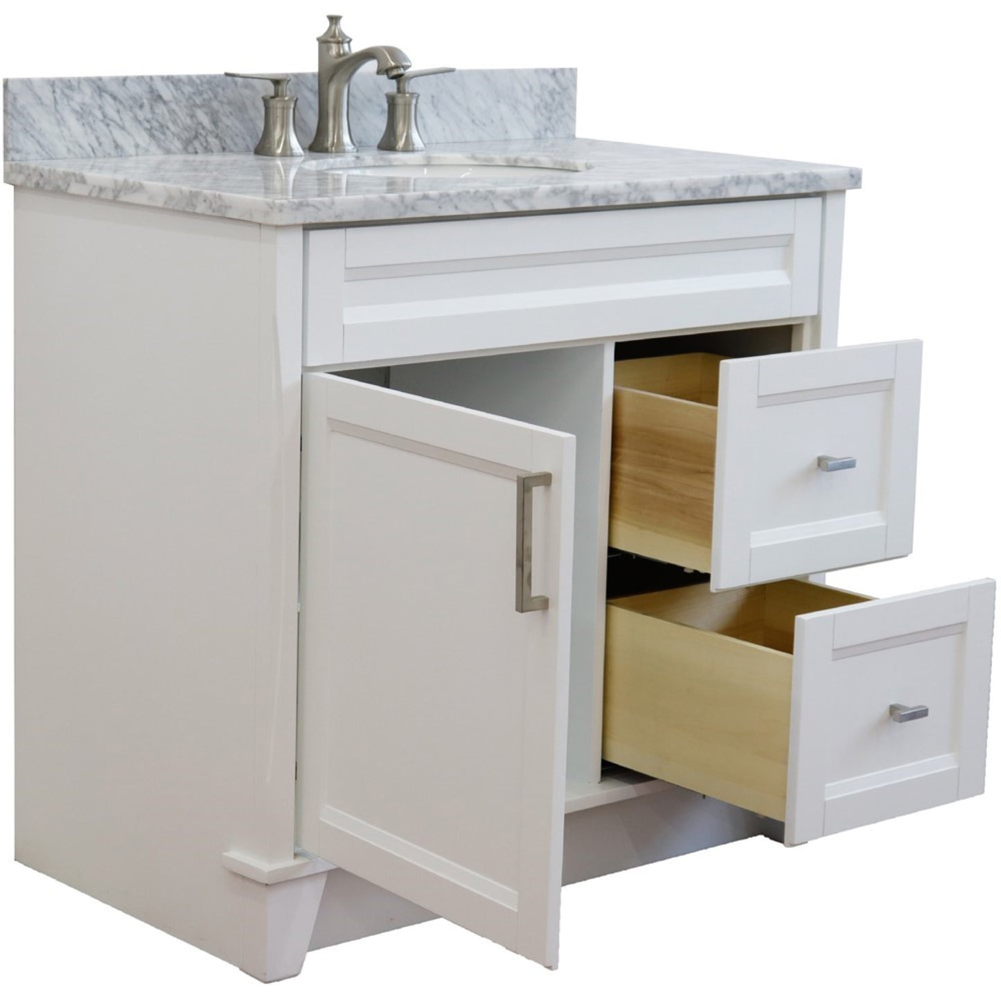 37" Single sink vanity in White finish with White Carrara marble and Left door/Center sink