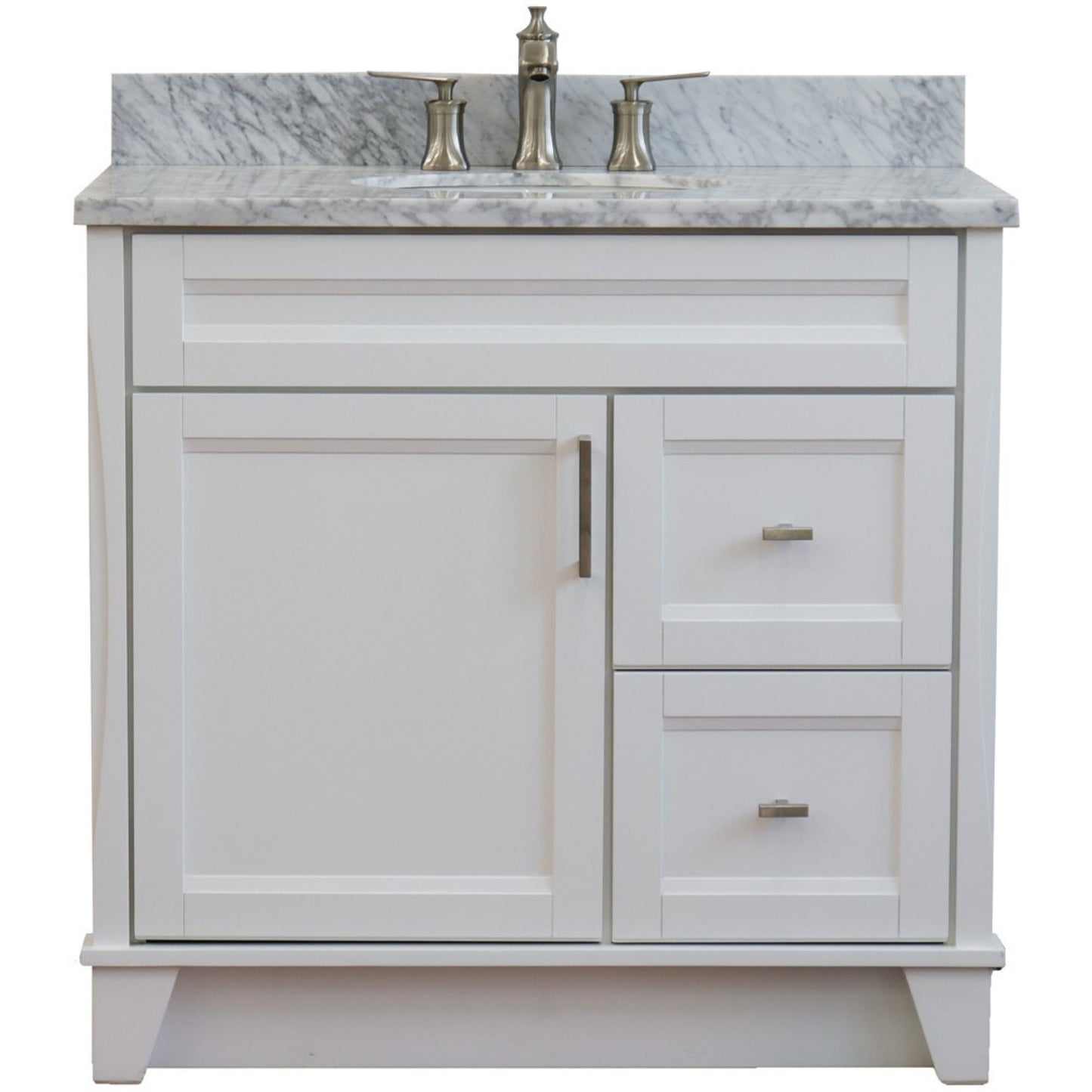 37" Single sink vanity in White finish with White Carrara marble and Left door/Center sink