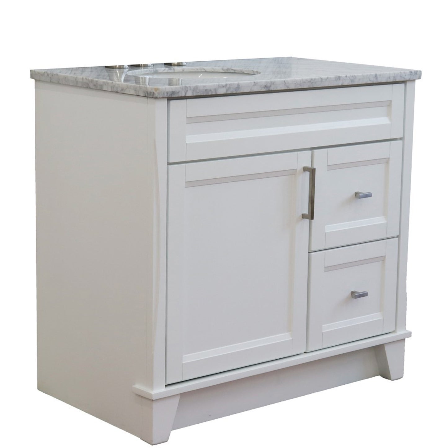 37" Single sink vanity in White finish with White Carrara marble and Left door/Left sink