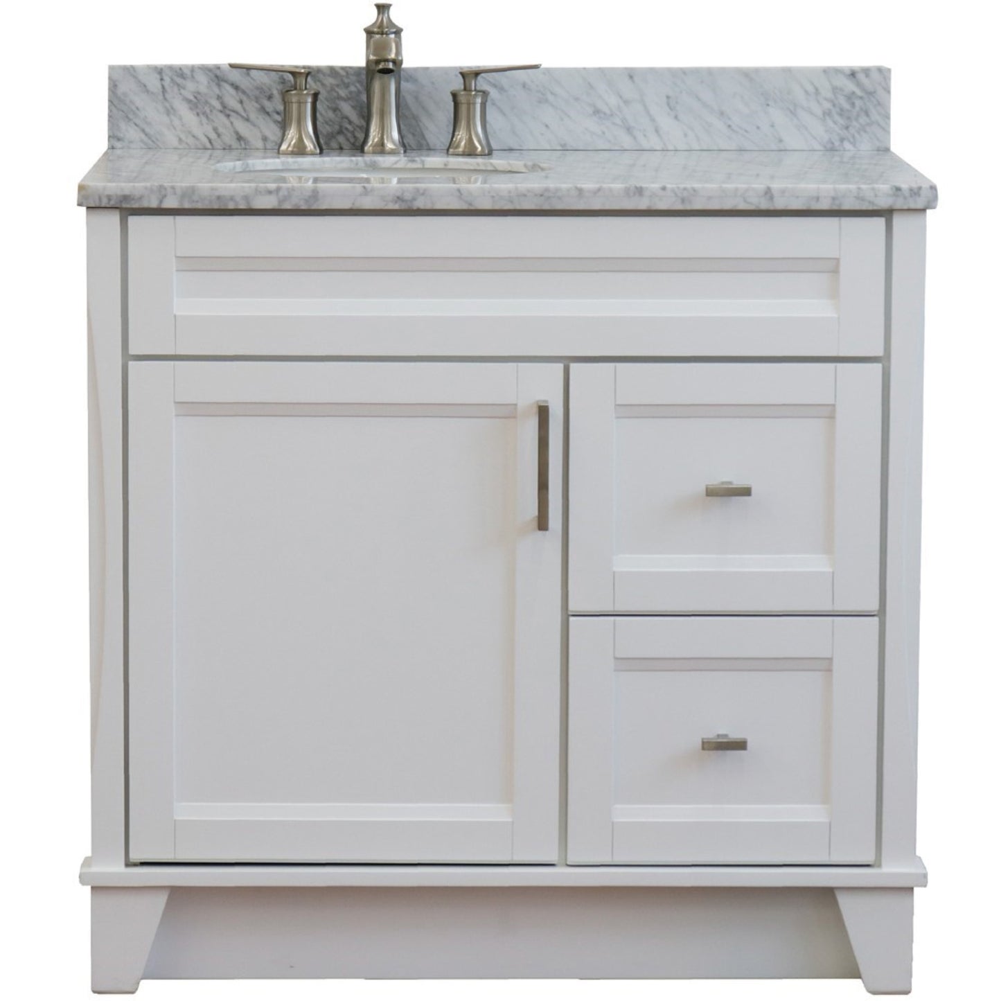37" Single sink vanity in White finish with White Carrara marble and Left door/Left sink