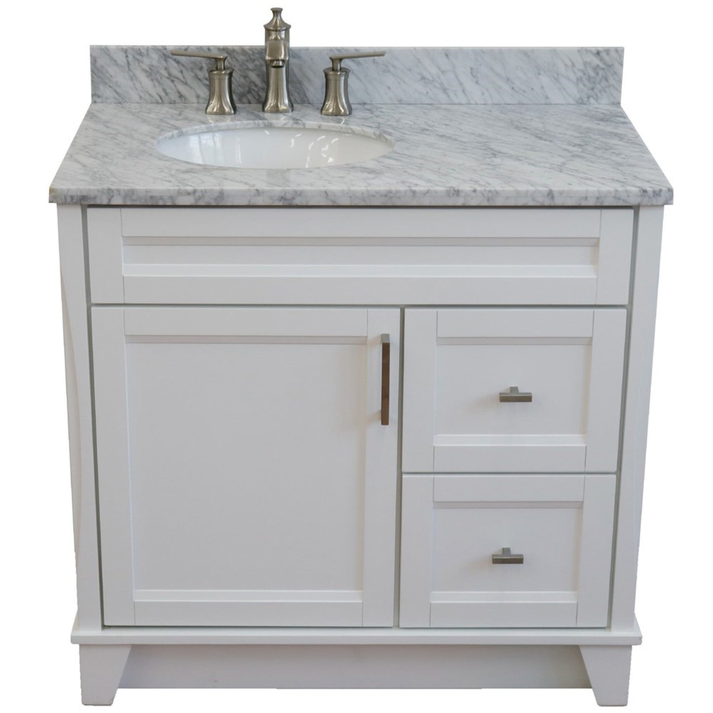 37" Single sink vanity in White finish with White Carrara marble and Left door/Left sink