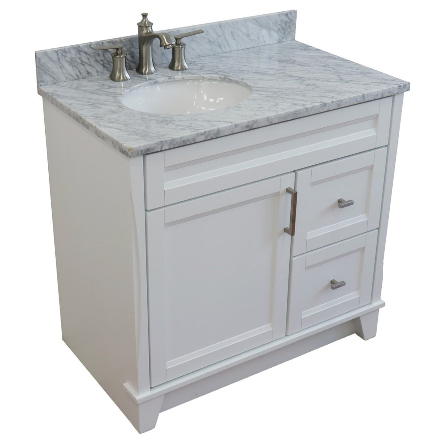 37" Single sink vanity in White finish with White Carrara marble and Left door/Left sink