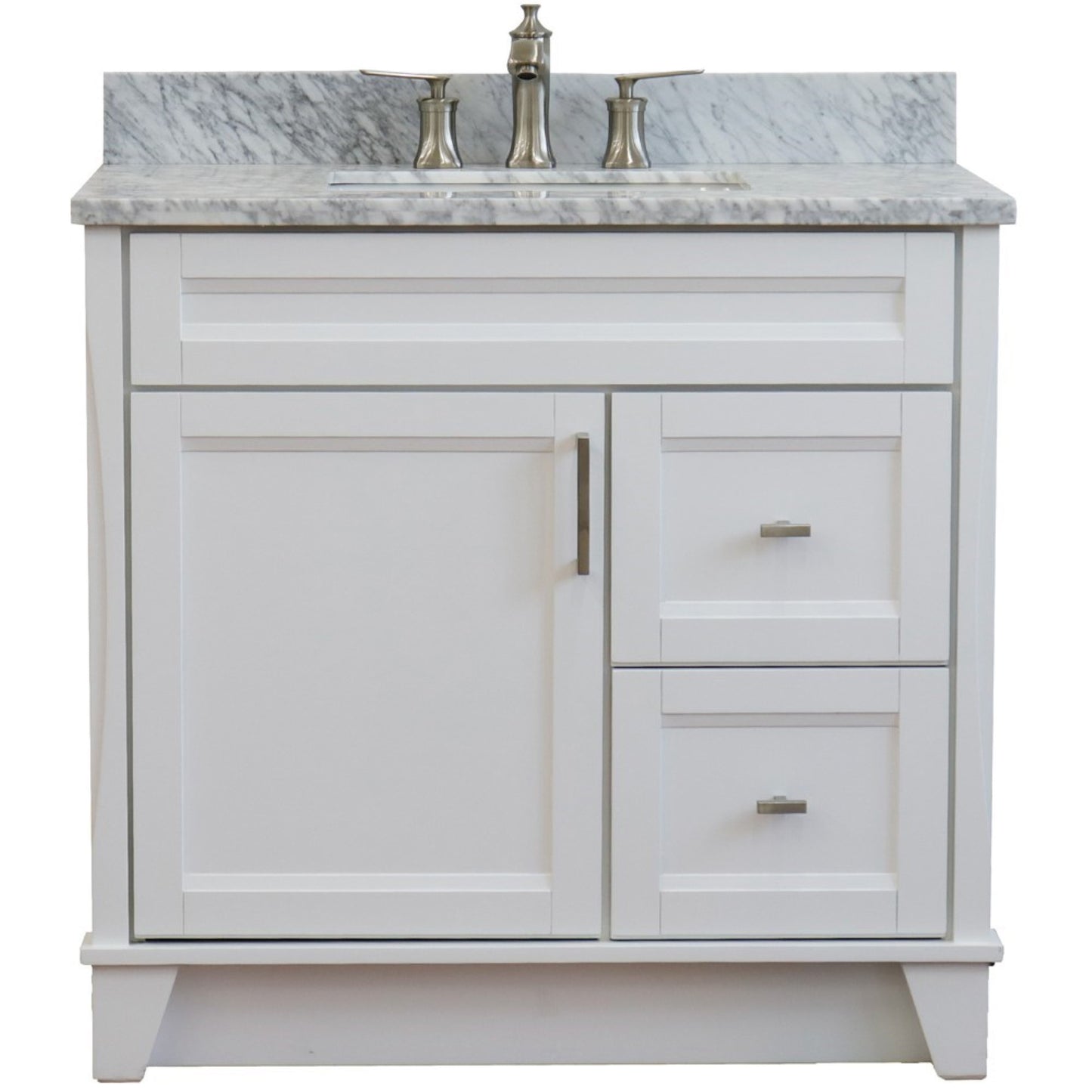 37" Single sink vanity in White finish with White Carrara marble and Left door/Center sink