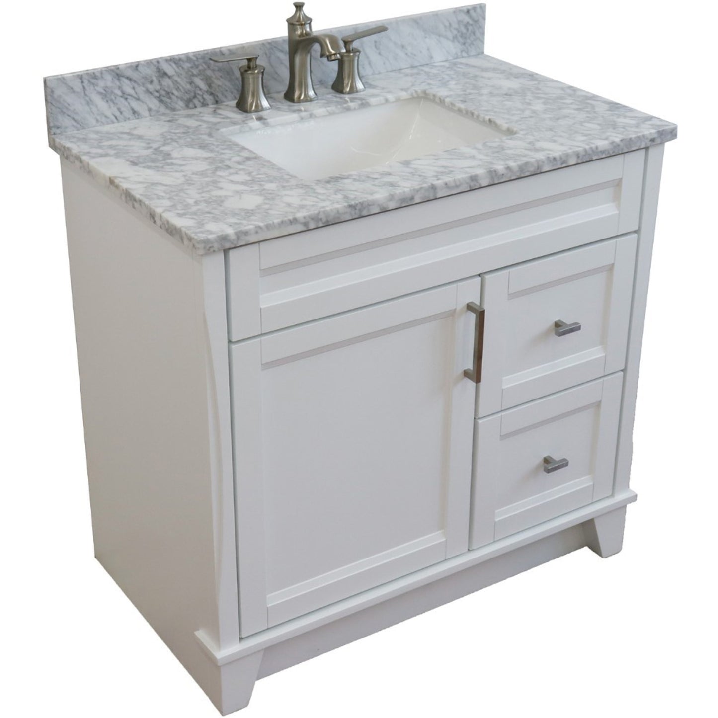 37" Single sink vanity in White finish with White Carrara marble and Left door/Center sink