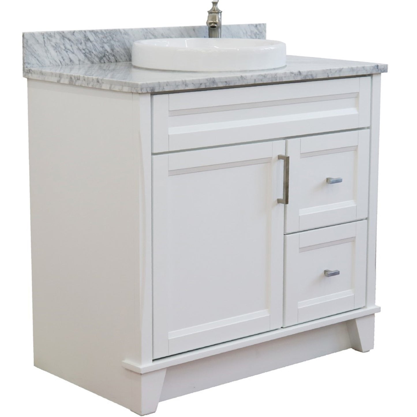 37" Single sink vanity in White finish with White Carrara marble and Left door/Round Center sink
