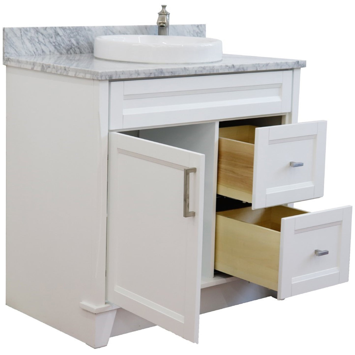 37" Single sink vanity in White finish with White Carrara marble and Left door/Round Center sink