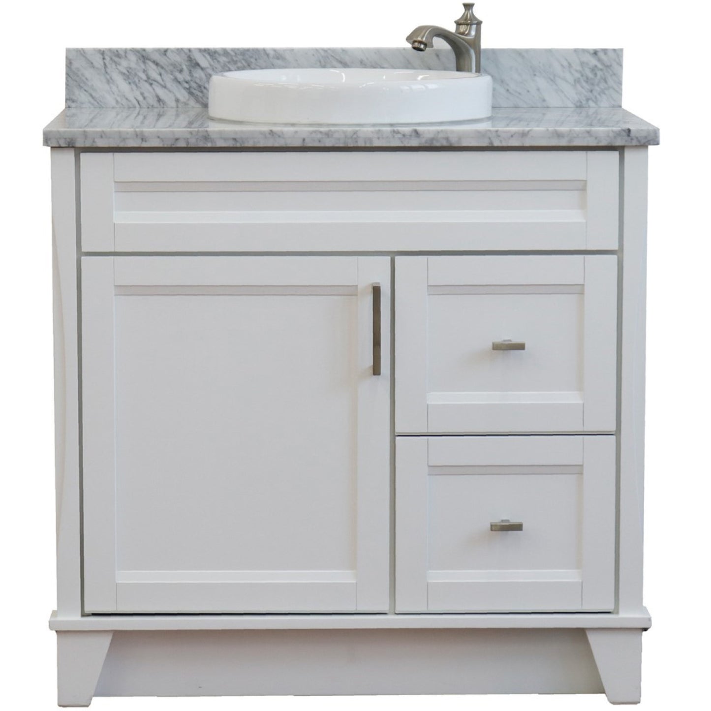 37" Single sink vanity in White finish with White Carrara marble and Left door/Round Center sink
