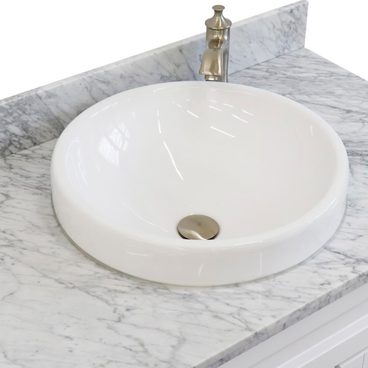 37" Single sink vanity in White finish with White Carrara marble and Left door/Round Center sink