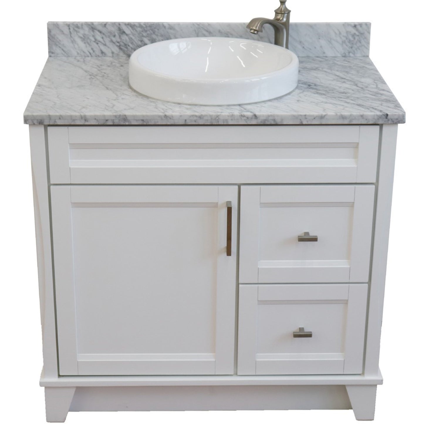 37" Single sink vanity in White finish with White Carrara marble and Left door/Round Center sink