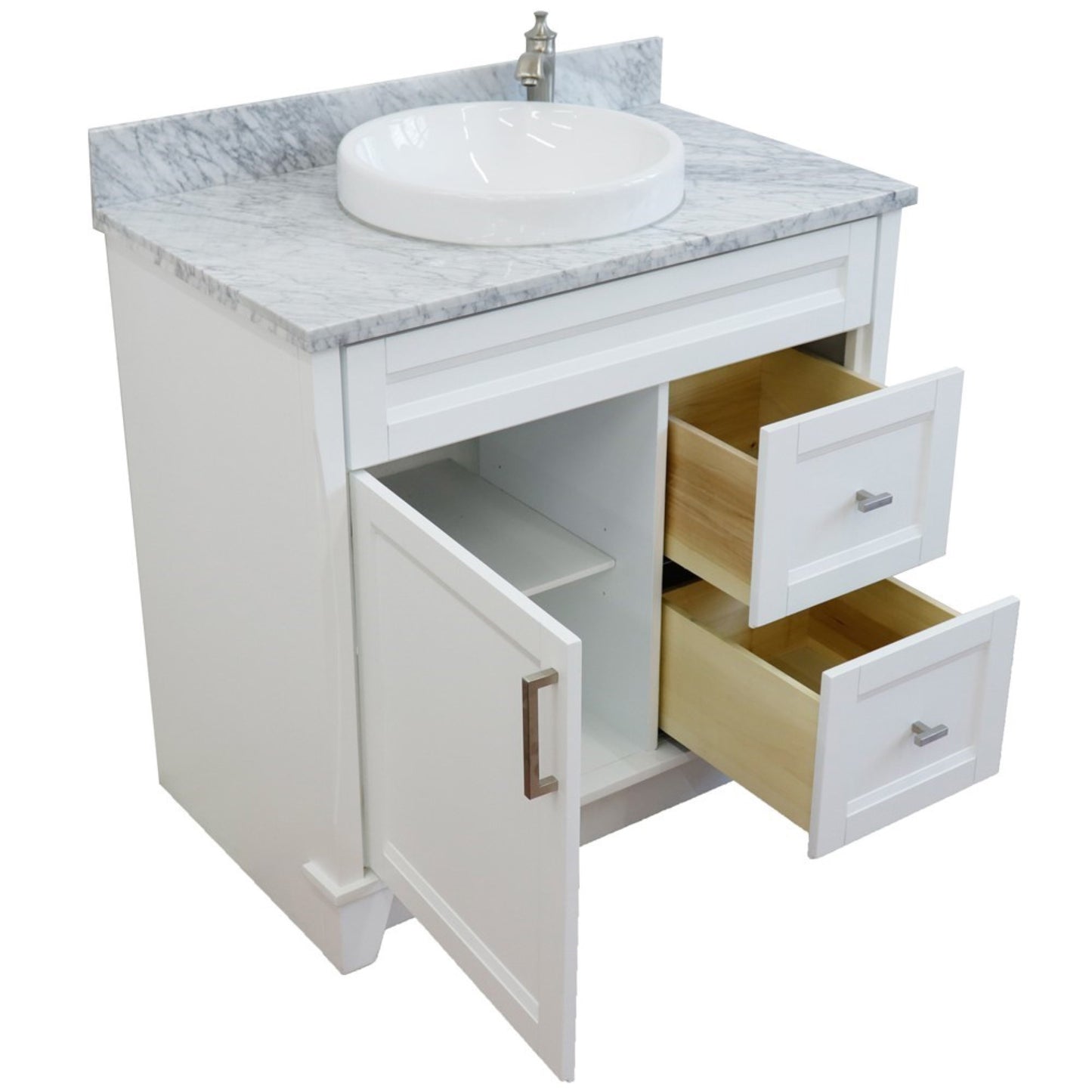 37" Single sink vanity in White finish with White Carrara marble and Left door/Round Center sink