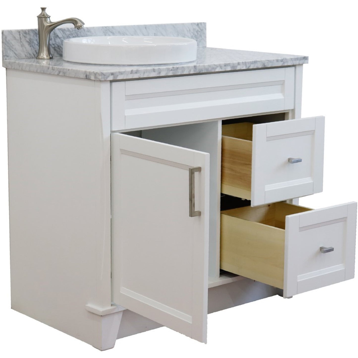 37" Single sink vanity in White finish with White Carrara marble and Left door/Round Left sink