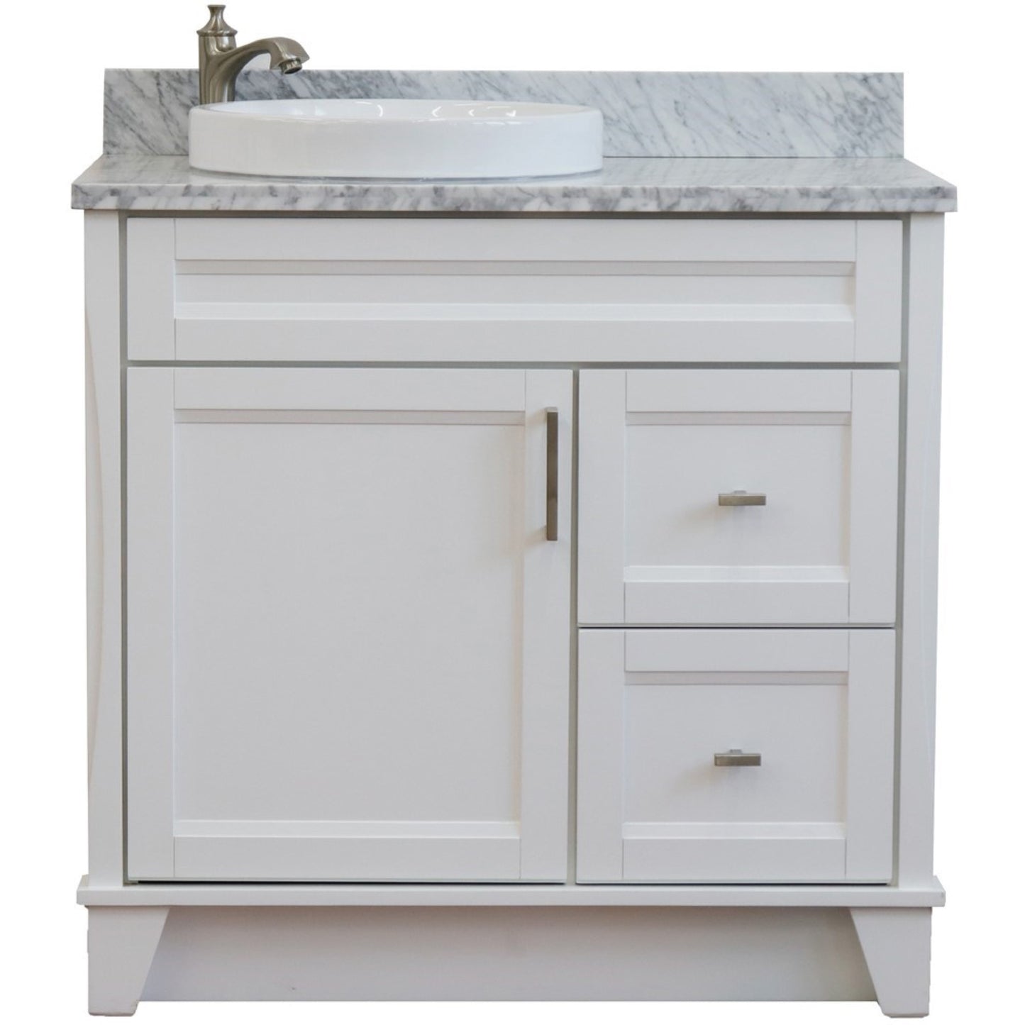 37" Single sink vanity in White finish with White Carrara marble and Left door/Round Left sink