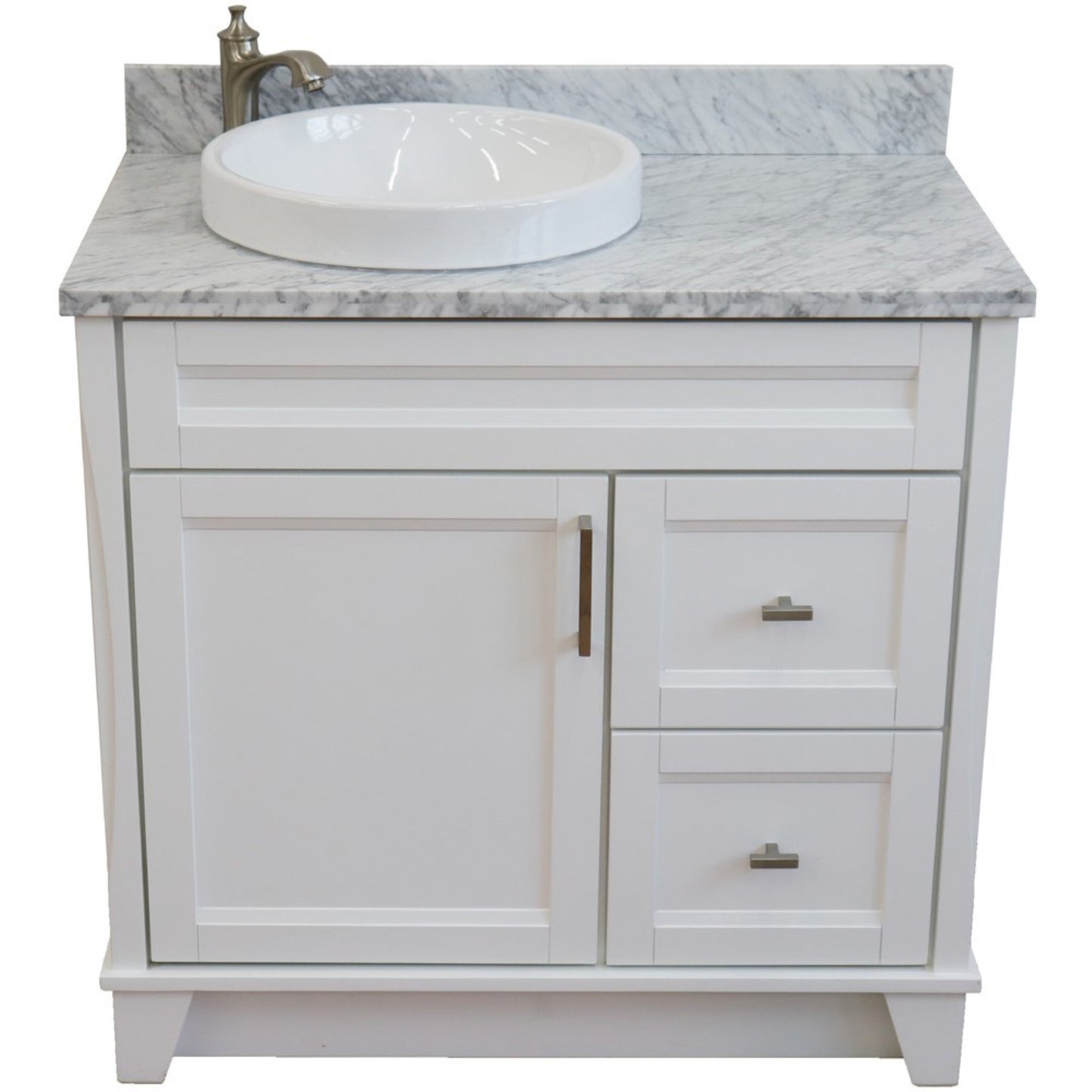 37" Single sink vanity in White finish with White Carrara marble and Left door/Round Left sink