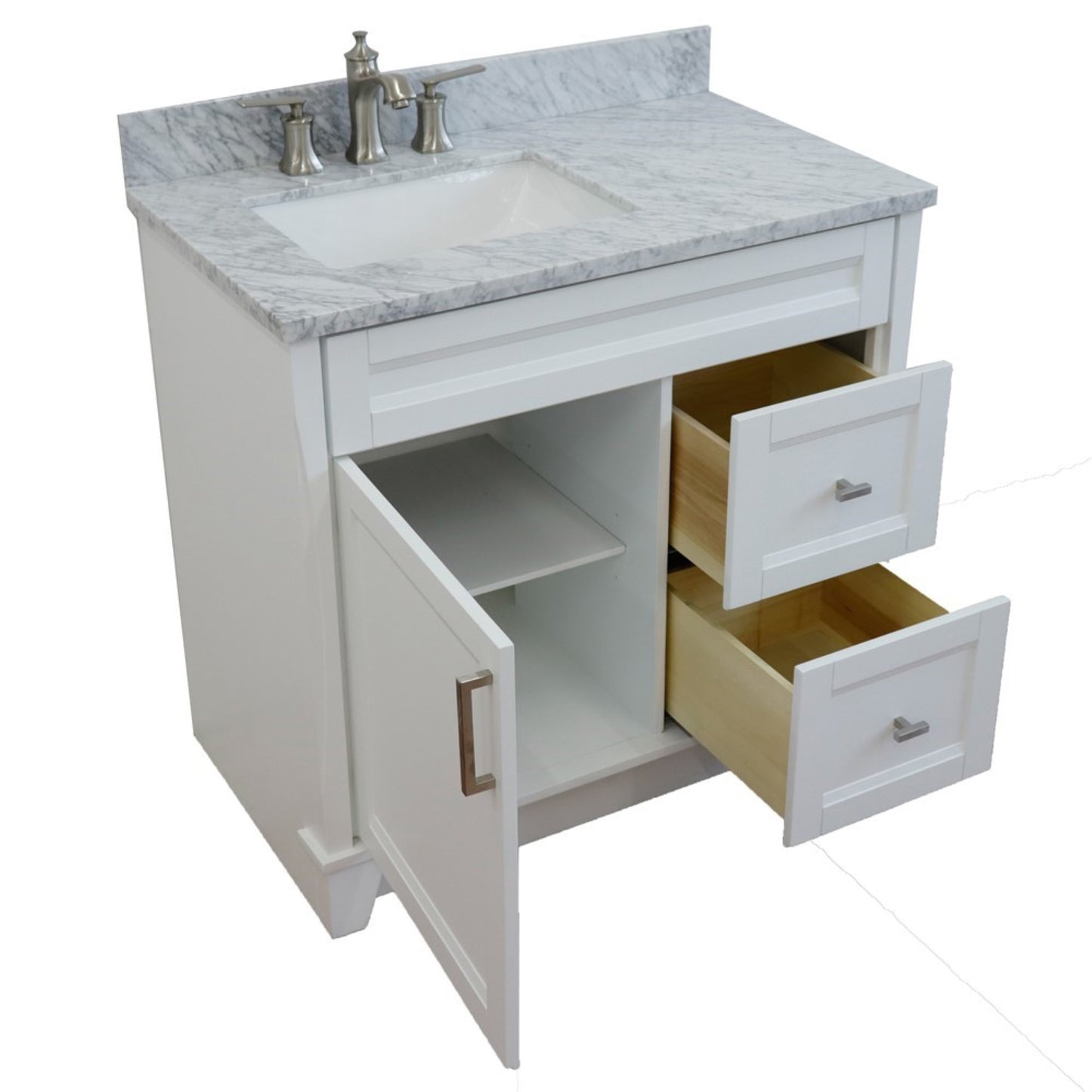 37" Single sink vanity in White finish with White Carrara marble and Left door/Left sink