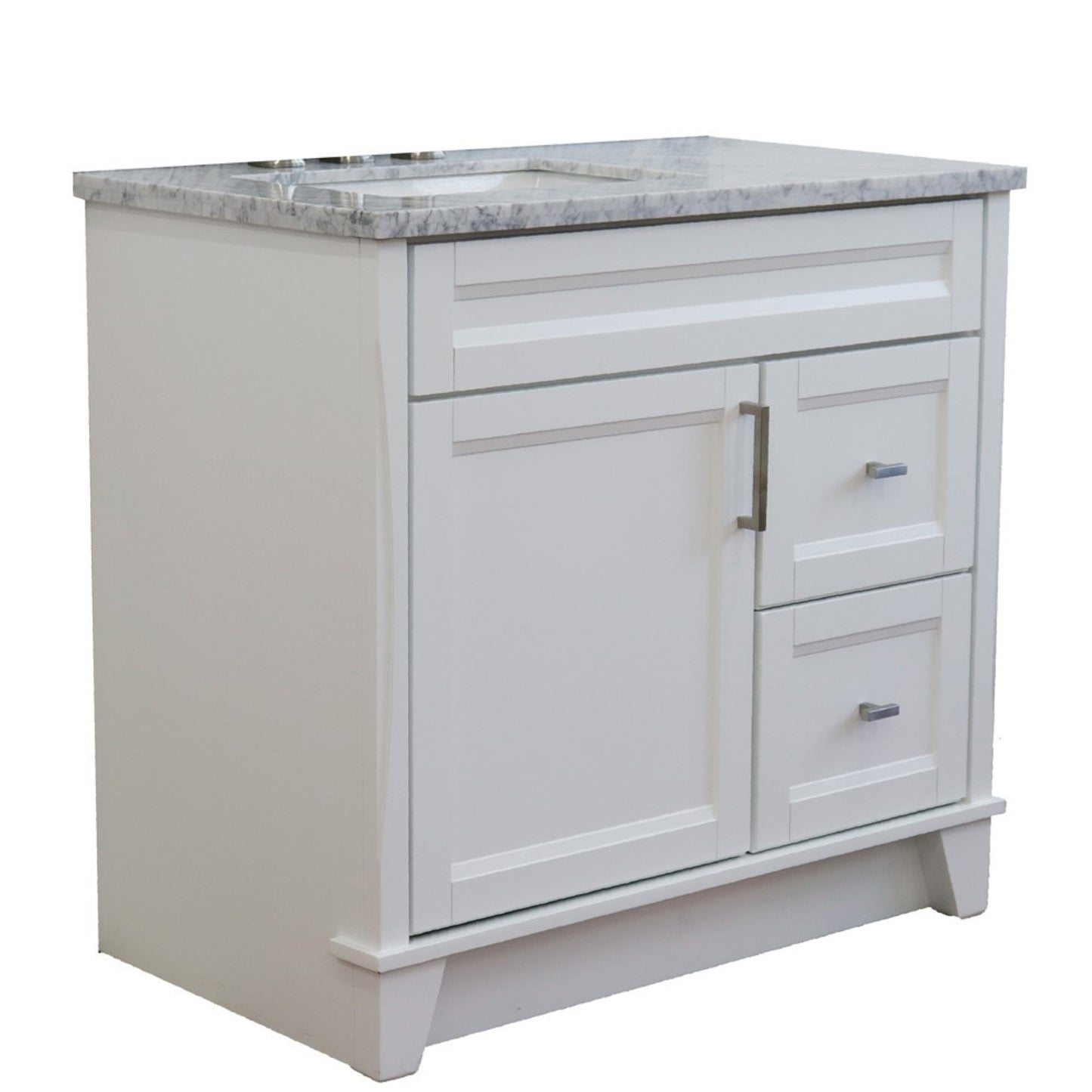 37" Single sink vanity in White finish with White Carrara marble and Left door/Left sink