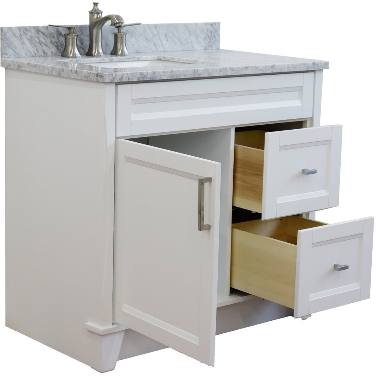37" Single sink vanity in White finish with White Carrara marble and Left door/Left sink