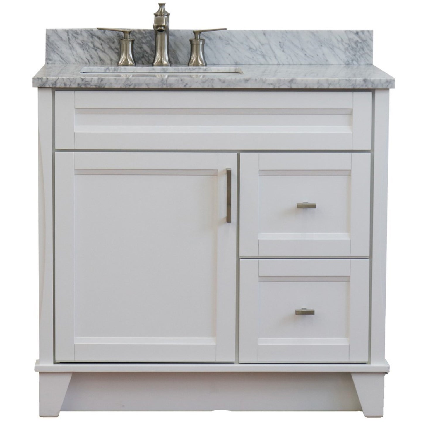 37" Single sink vanity in White finish with White Carrara marble and Left door/Left sink
