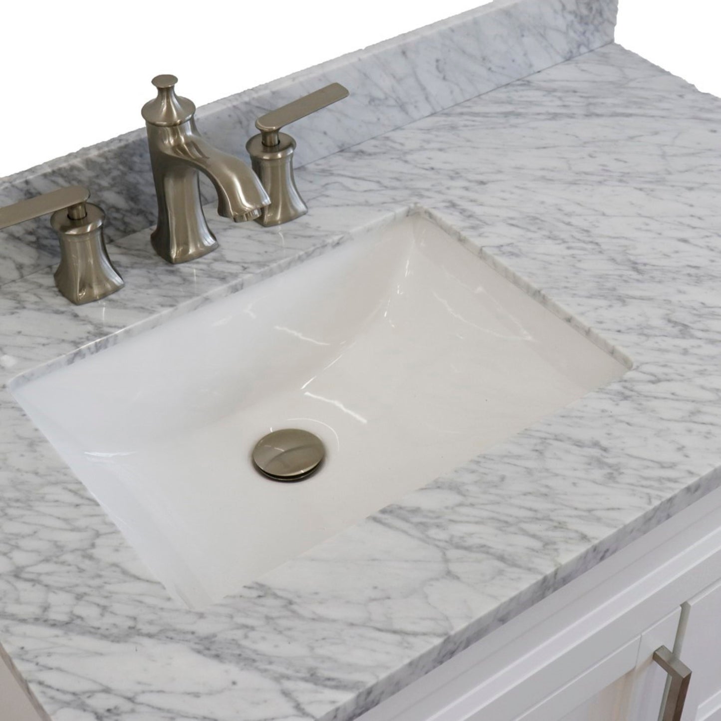 37" Single sink vanity in White finish with White Carrara marble and Left door/Left sink