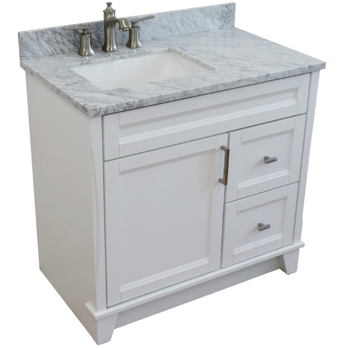 37" Single sink vanity in White finish with White Carrara marble and Left door/Left sink
