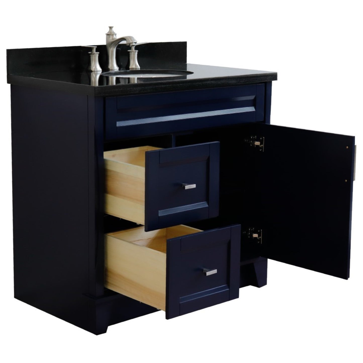 37" Single sink vanity in Blue finish with Black galaxy granite and CENTER oval sink RIGHT drawers