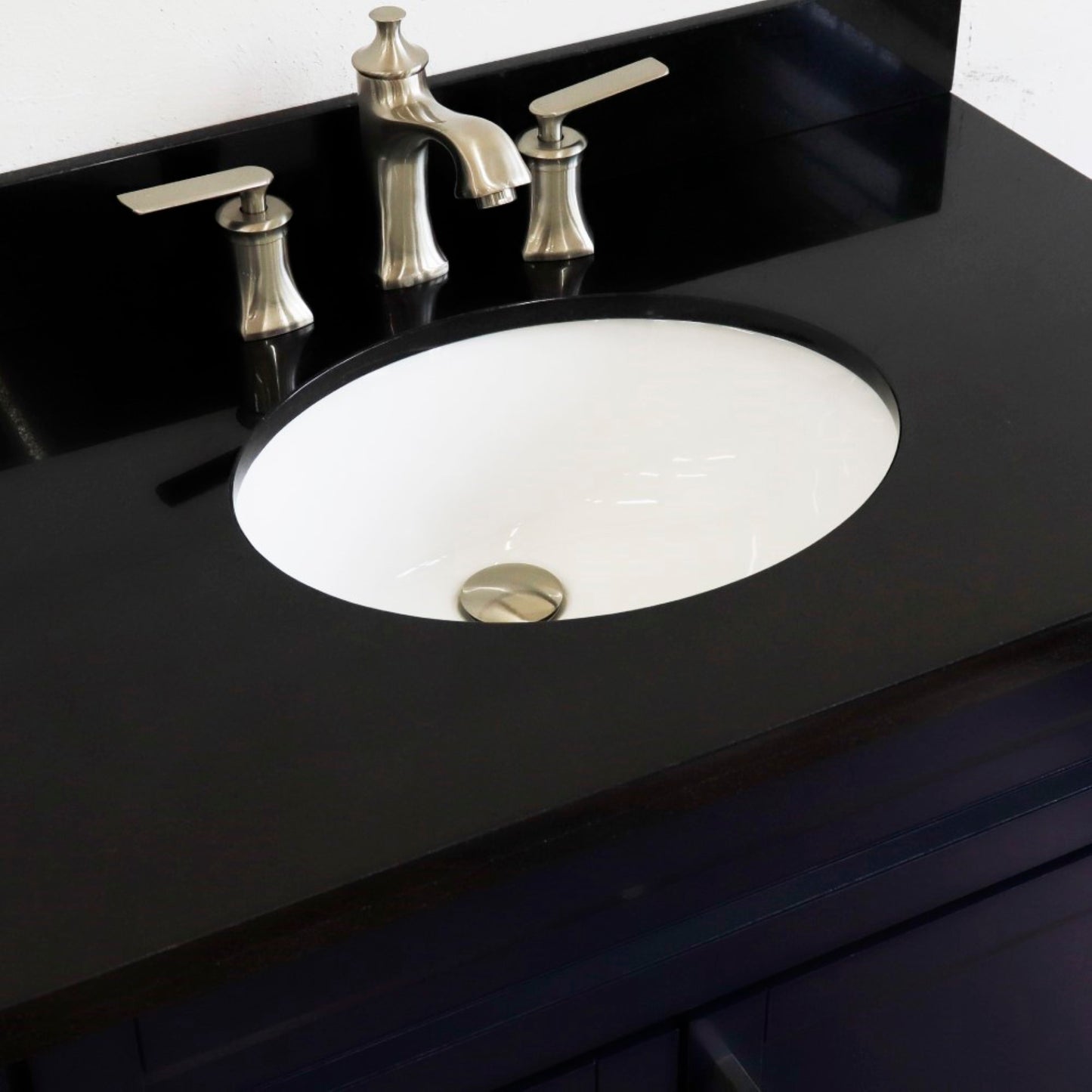 37" Single sink vanity in Blue finish with Black galaxy granite and CENTER oval sink RIGHT drawers
