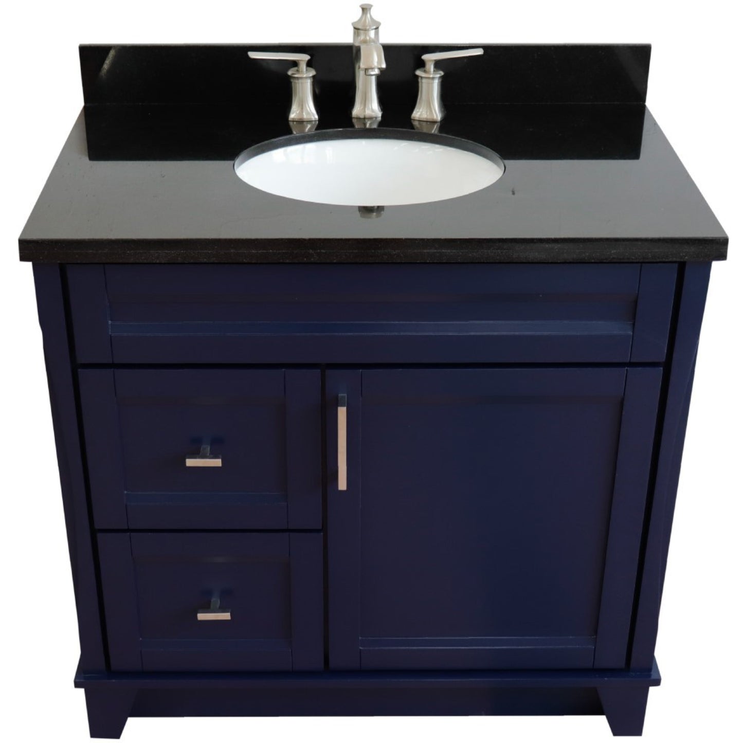 37" Single sink vanity in Blue finish with Black galaxy granite and CENTER oval sink RIGHT drawers