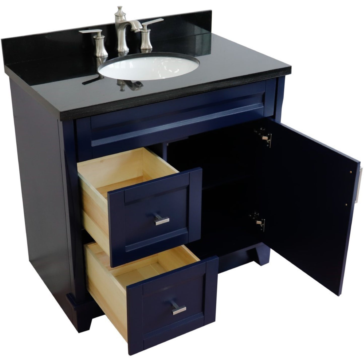 37" Single sink vanity in Blue finish with Black galaxy granite and CENTER oval sink RIGHT drawers
