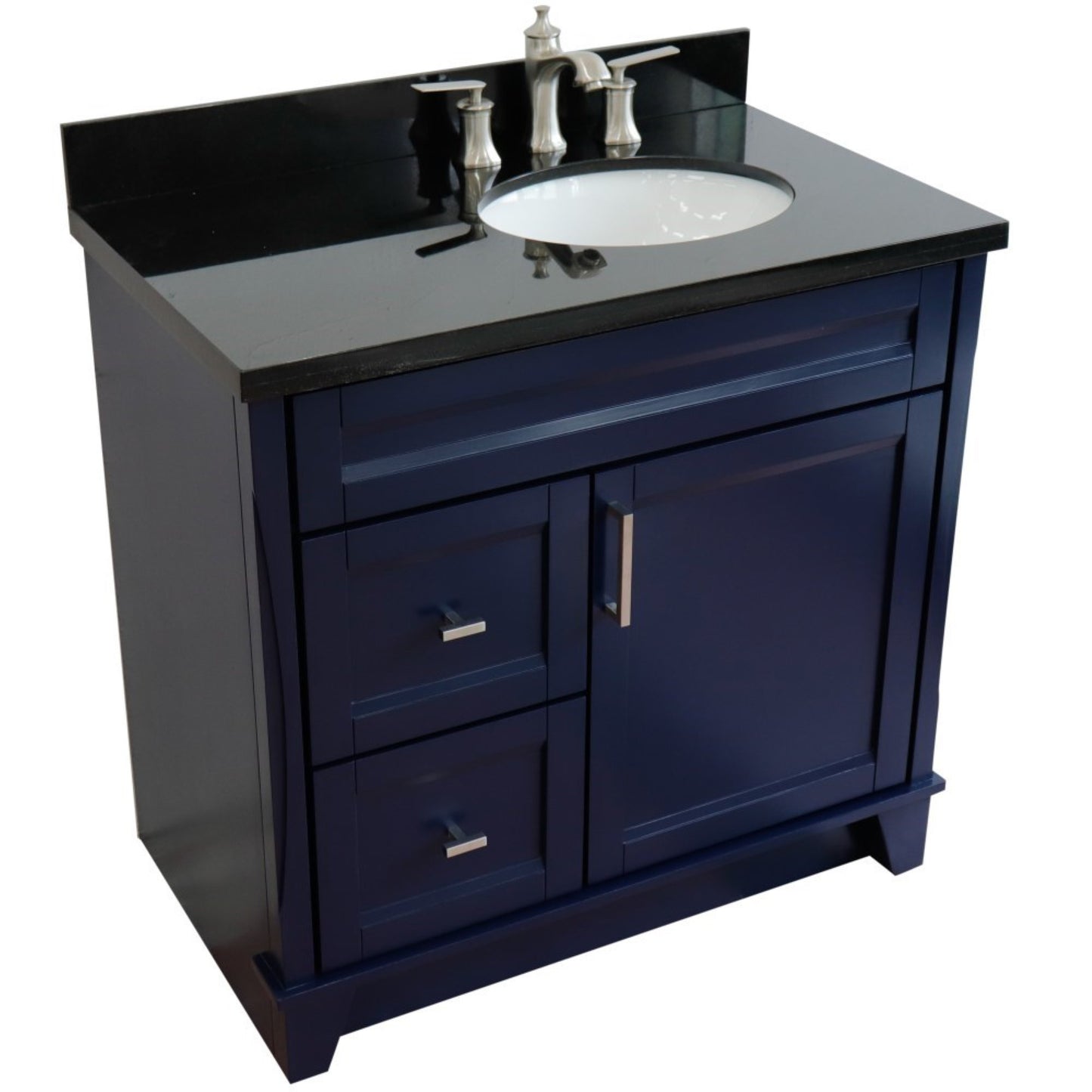 37" Single sink vanity in Blue finish with Black galaxy granite and LEFT oval sink RIGHT drawers