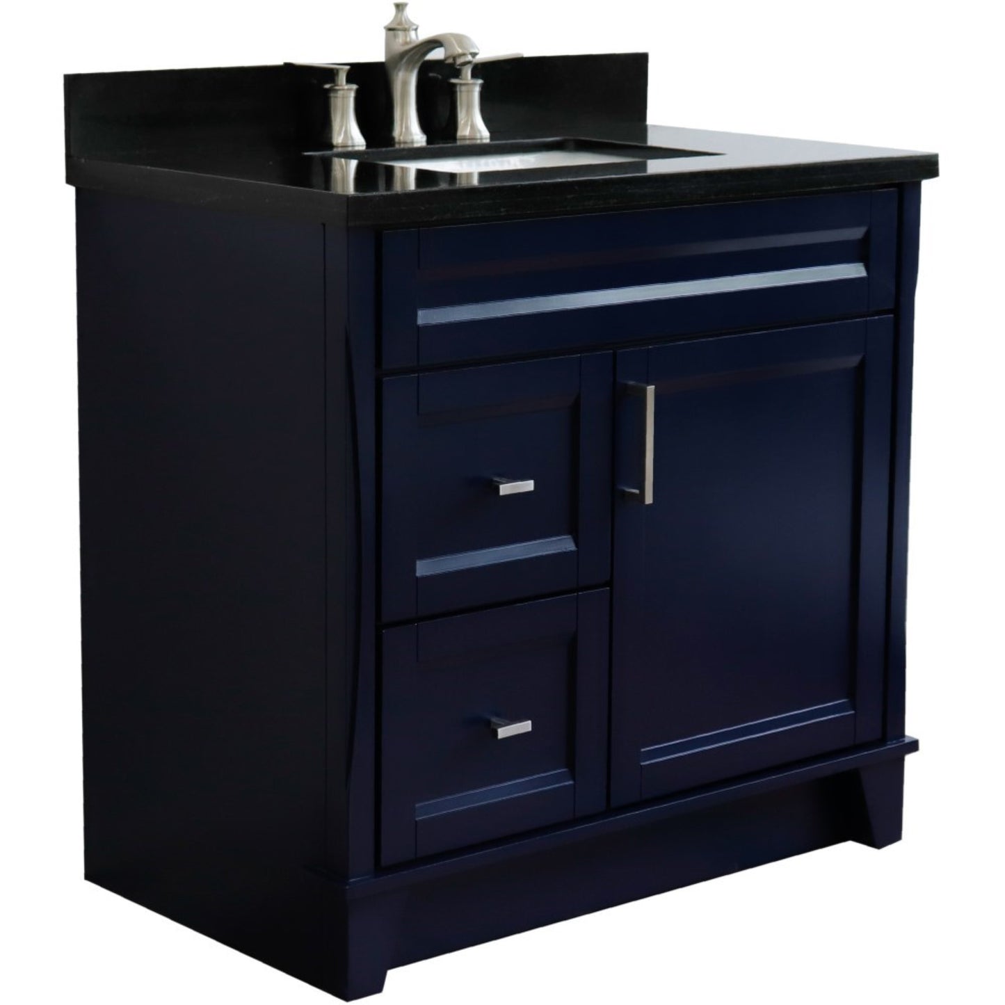 37" Single sink vanity in Blue finish with Black galaxy granite and CENTER rectangle sink RIGHT drawers