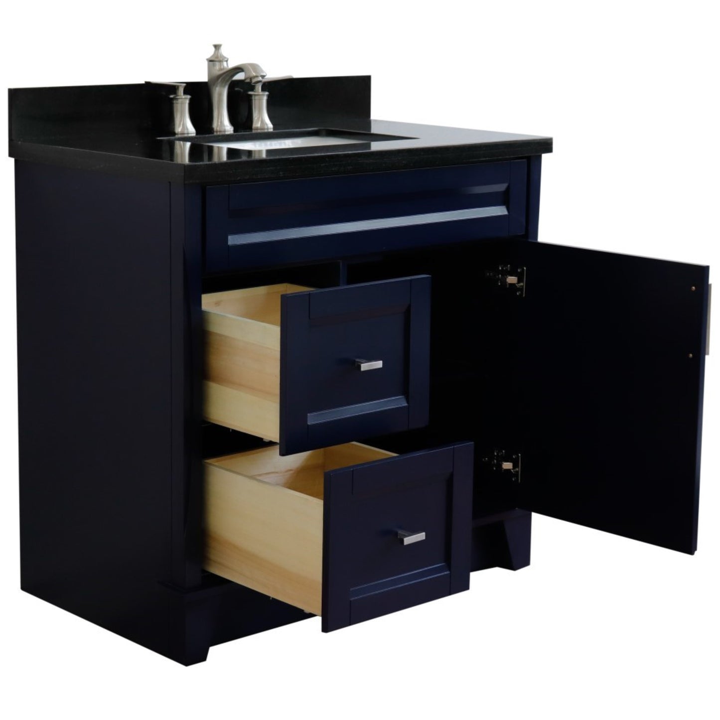 37" Single sink vanity in Blue finish with Black galaxy granite and CENTER rectangle sink RIGHT drawers