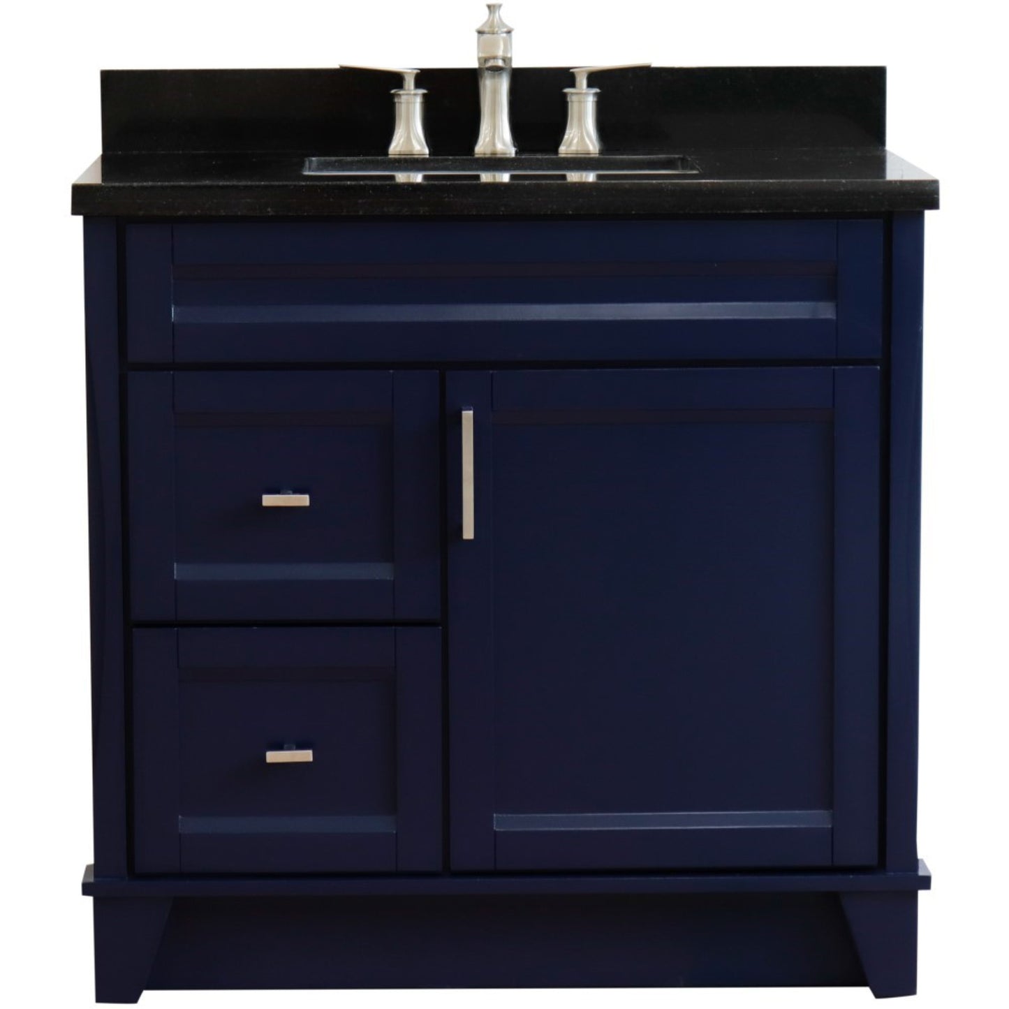 37" Single sink vanity in Blue finish with Black galaxy granite and CENTER rectangle sink RIGHT drawers