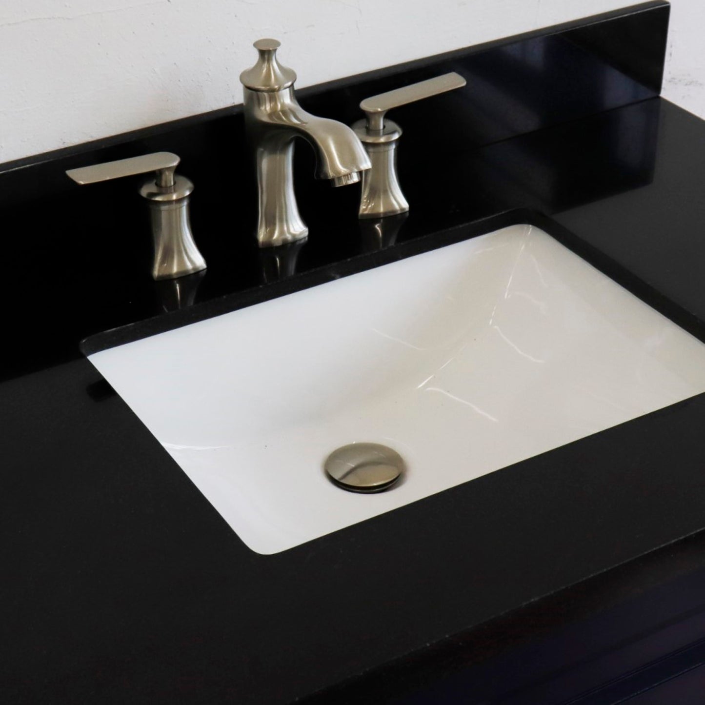 37" Single sink vanity in Blue finish with Black galaxy granite and CENTER rectangle sink RIGHT drawers