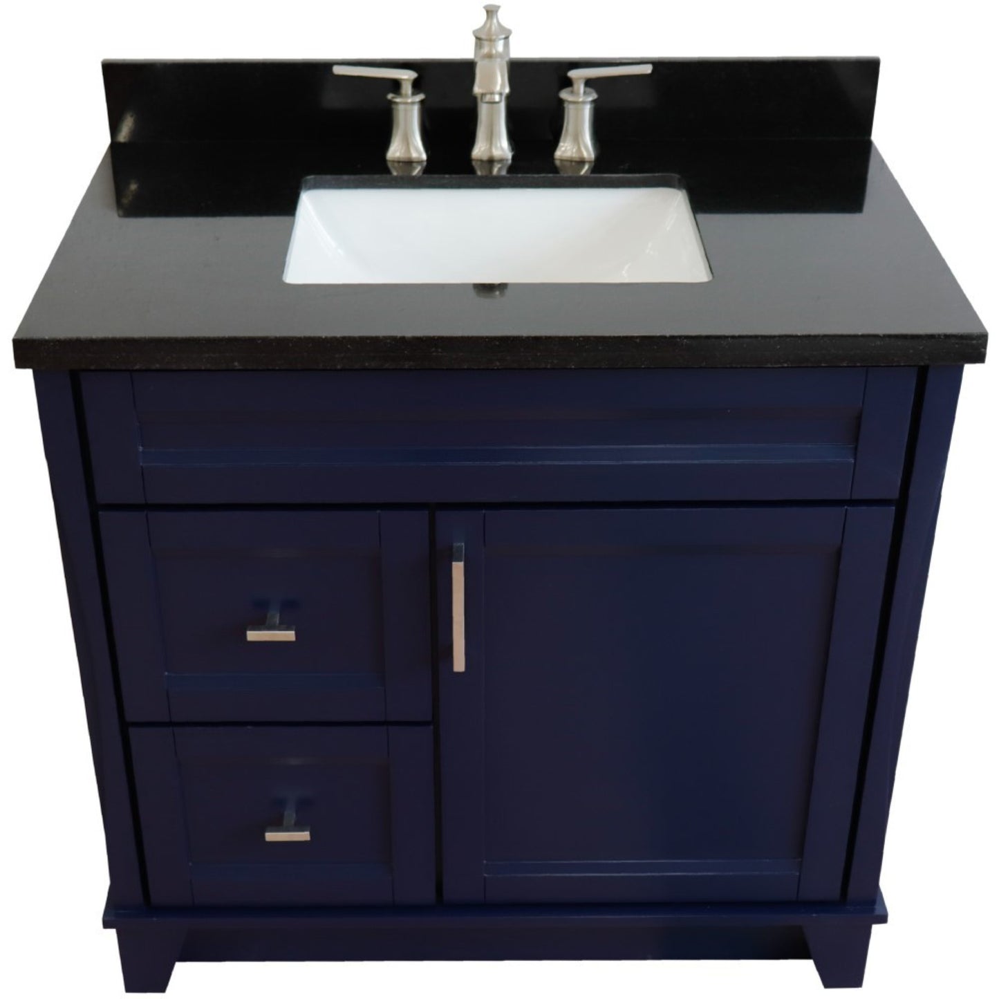 37" Single sink vanity in Blue finish with Black galaxy granite and CENTER rectangle sink RIGHT drawers