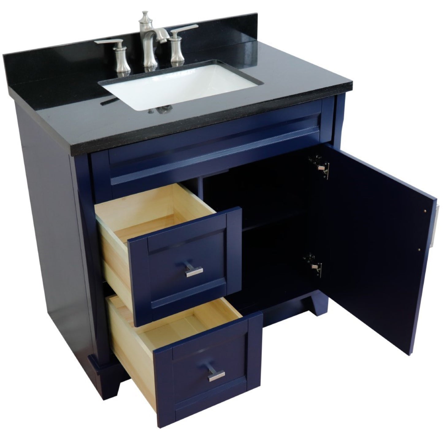 37" Single sink vanity in Blue finish with Black galaxy granite and CENTER rectangle sink RIGHT drawers