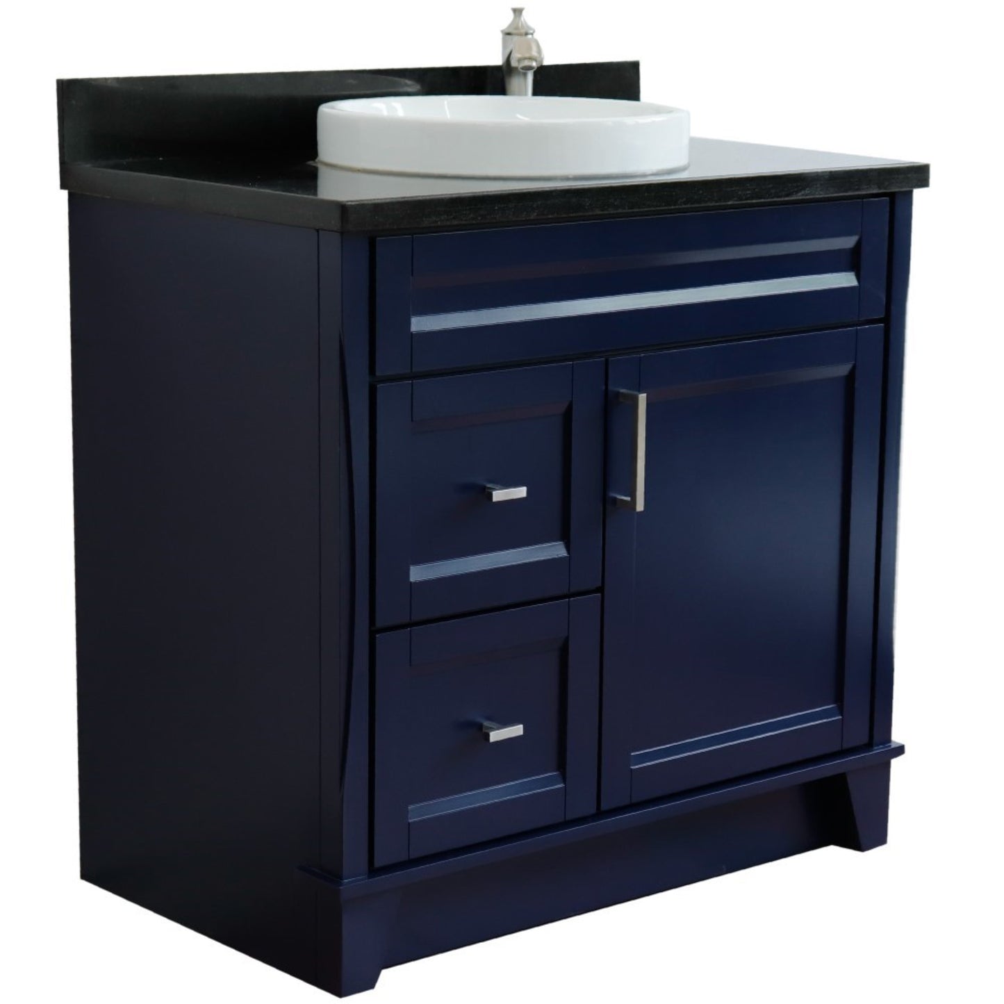 37" Single sink vanity in Blue finish with Black galaxy granite and CENTER round sink RIGHT drawers