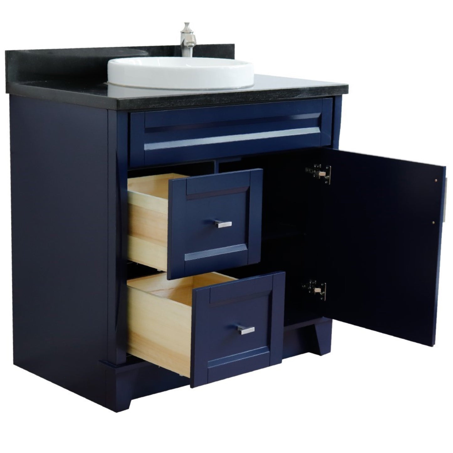 37" Single sink vanity in Blue finish with Black galaxy granite and CENTER round sink RIGHT drawers