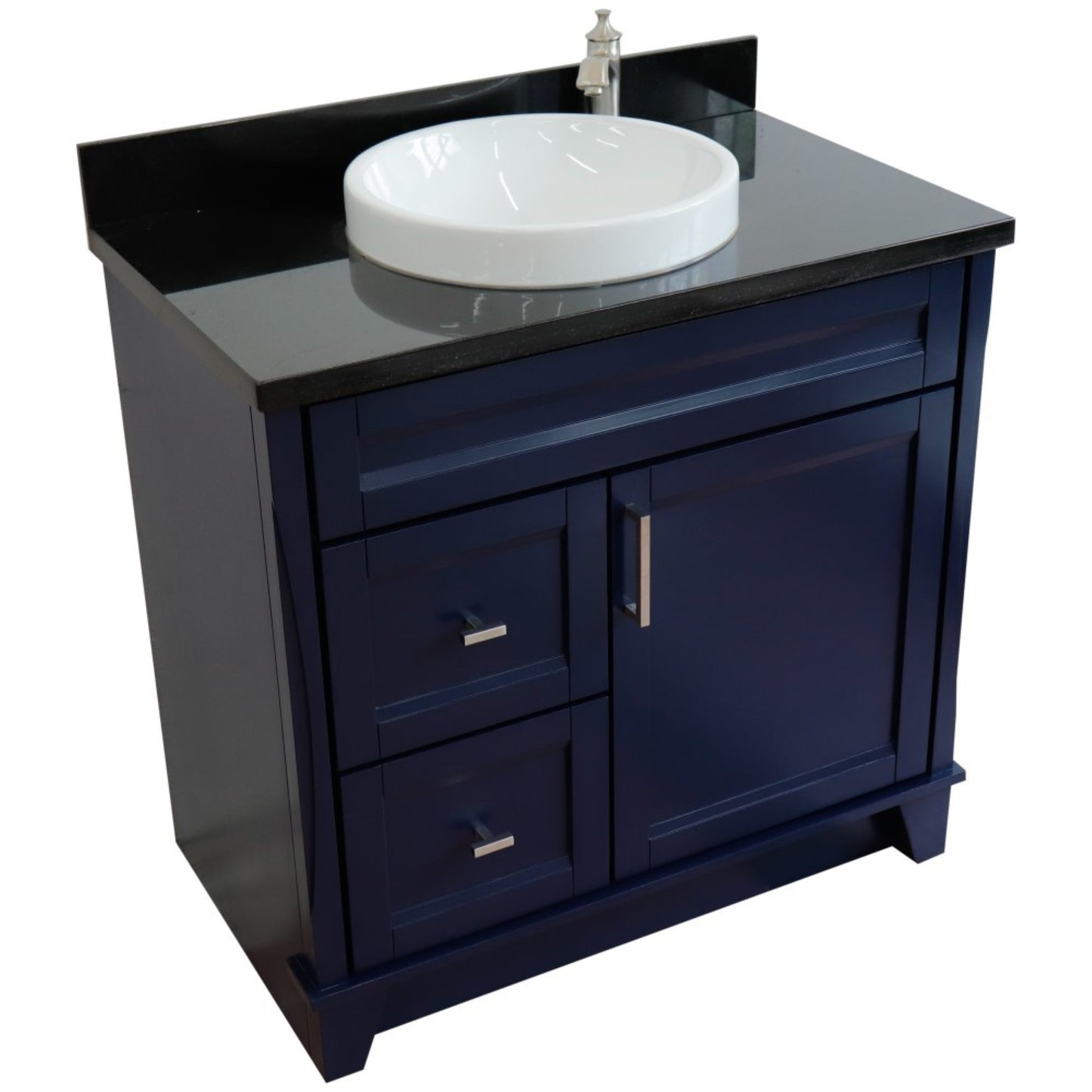 37" Single sink vanity in Blue finish with Black galaxy granite and CENTER round sink RIGHT drawers