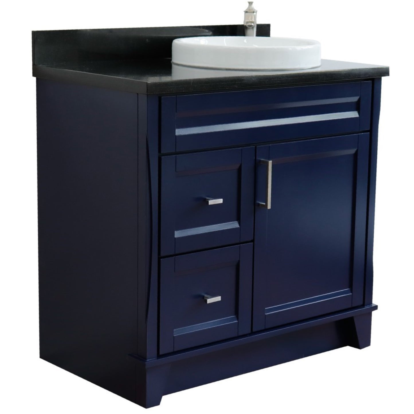 37" Single sink vanity in Blue finish with Black galaxy granite and LEFT round sink RIGHT drawers