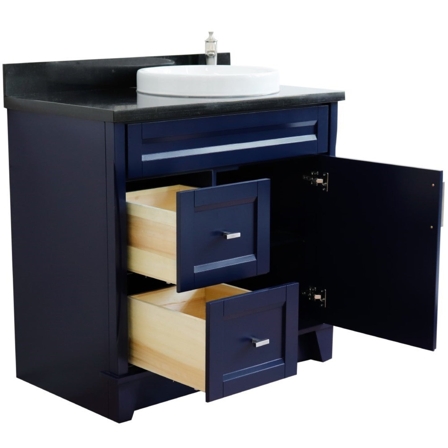 37" Single sink vanity in Blue finish with Black galaxy granite and LEFT round sink RIGHT drawers