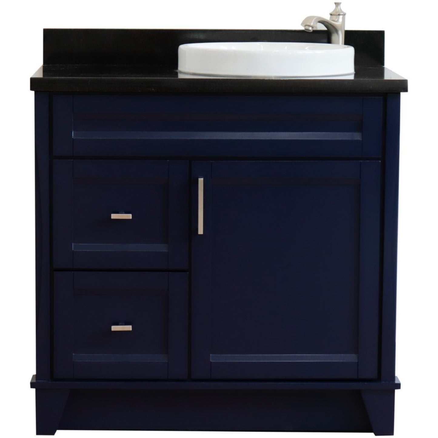 37" Single sink vanity in Blue finish with Black galaxy granite and LEFT round sink RIGHT drawers