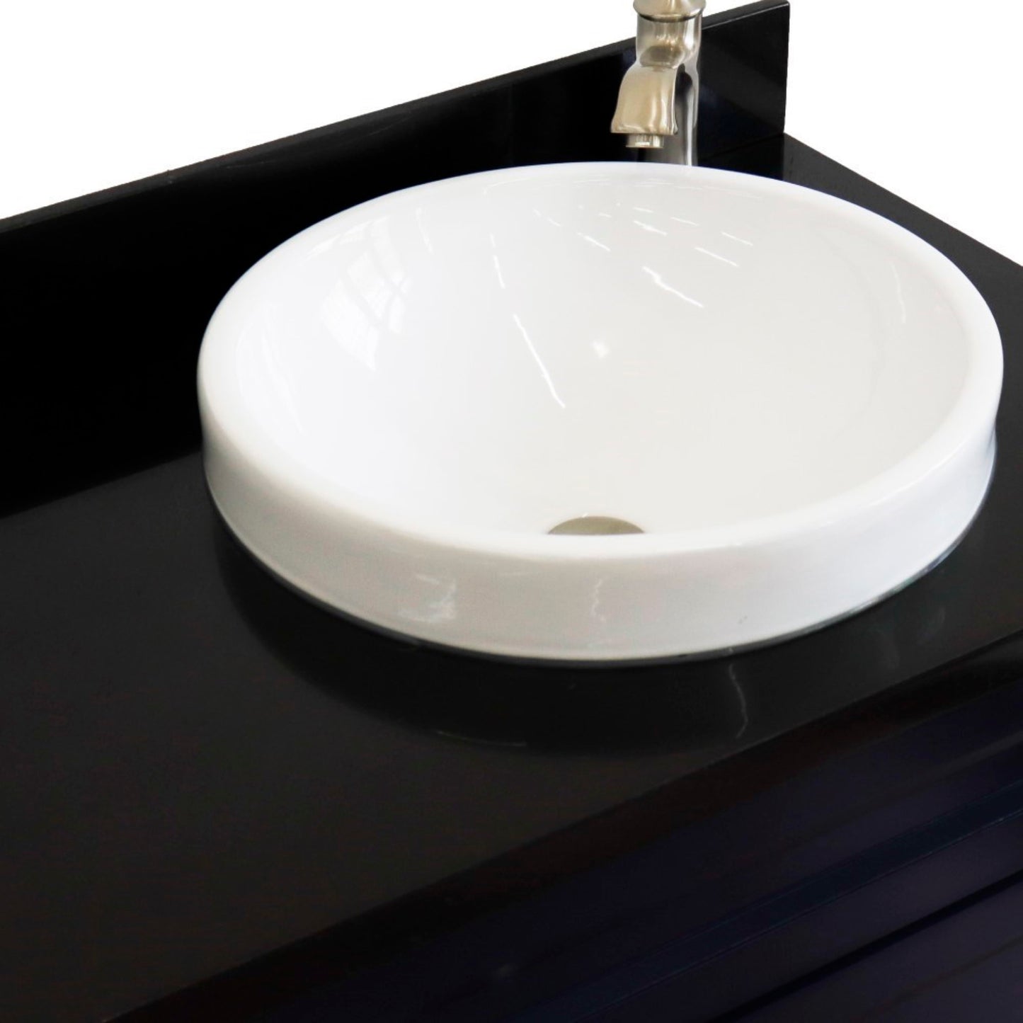 37" Single sink vanity in Blue finish with Black galaxy granite and LEFT round sink RIGHT drawers