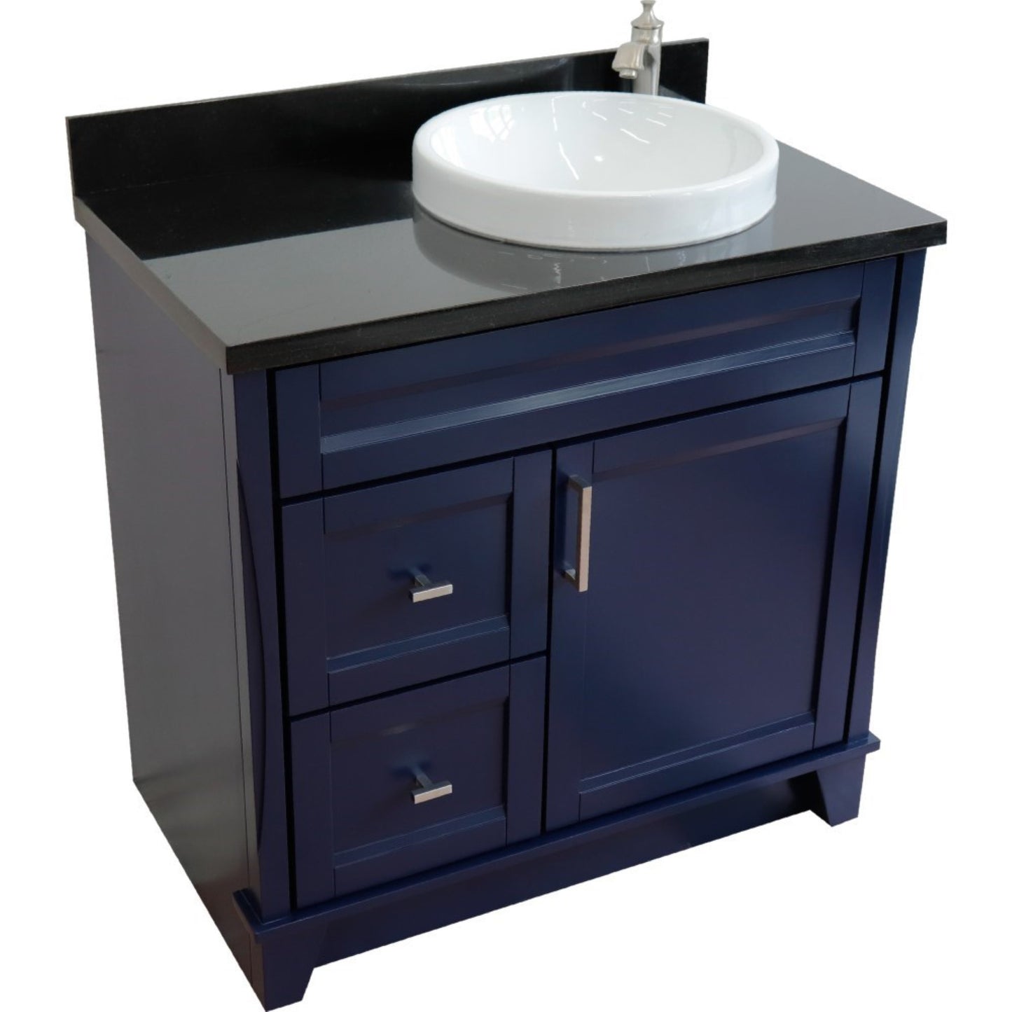 37" Single sink vanity in Blue finish with Black galaxy granite and LEFT round sink RIGHT drawers