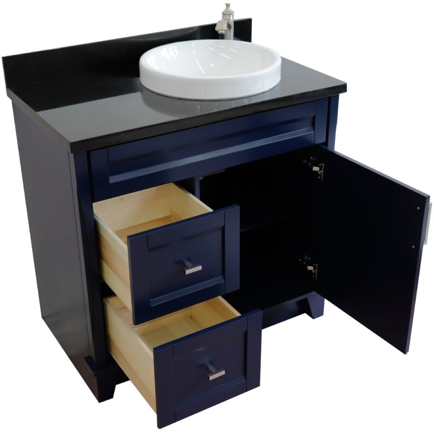 37" Single sink vanity in Blue finish with Black galaxy granite and LEFT round sink RIGHT drawers